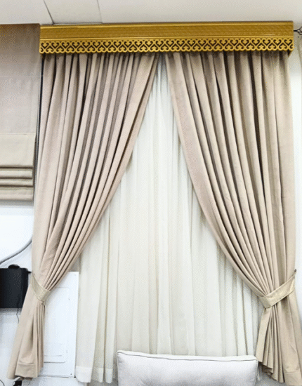 Beige Curtain Set with Golden Cornice | Rukan Al Fareed